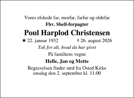 Dødsannoncen for Poul Harplod Christensen - Osted