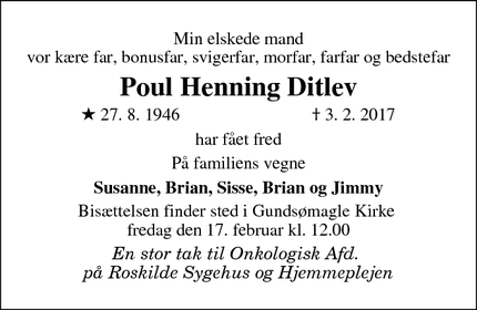 Dødsannoncen for Poul Henning Ditlev - Gundsømagle