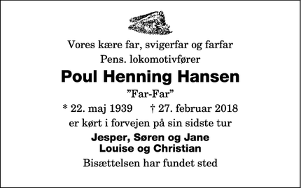 Dødsannoncen for Poul Henning Hansen - Rødbyhavn