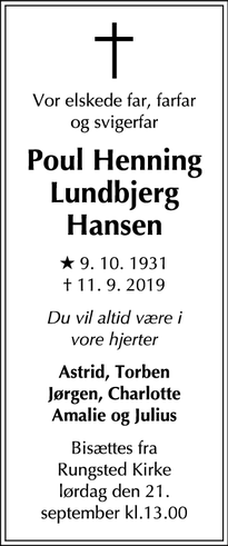 Dødsannoncen for Poul Henning Lundbjerg Hansen - Rungsted