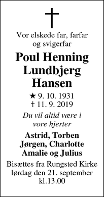 Dødsannoncen for Poul Henning Lundbjerg Hansen - Rungsted