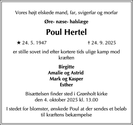 Dødsannoncen for Poul Hertel - Bække