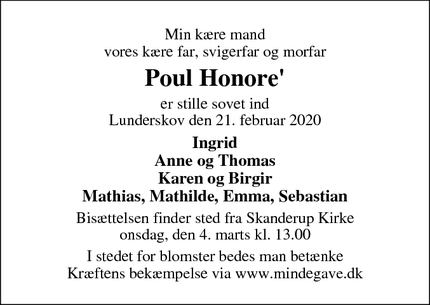 Dødsannoncen for Poul Honore' - Lunderskov