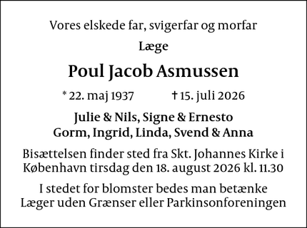 Dødsannoncen for Poul Jacob Asmussen - København
