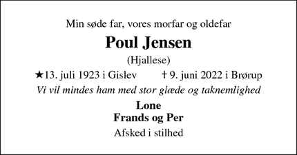 Dødsannoncen for Poul Jensen - 6650 Brørup