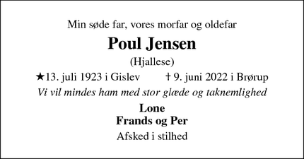 Dødsannoncen for Poul Jensen - 6650 Brørup