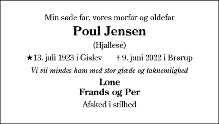 Dødsannoncen for Poul Jensen - 6650 Brørup