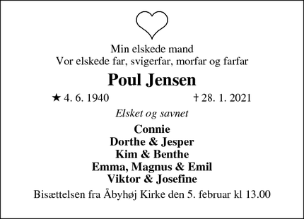 Dødsannoncen for Poul Jensen - Åbyhøj