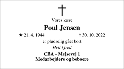 Dødsannoncen for Poul Jensen - Skive 