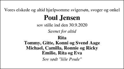 Dødsannoncen for Poul Jensen - Vejle