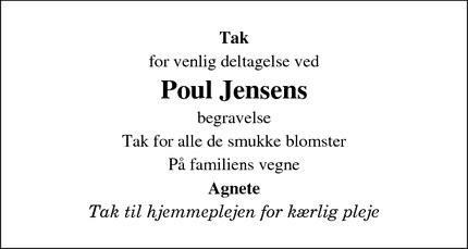 Dødsannoncen for Poul Jensens  - Eskilstrup
