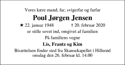 Dødsannoncen for Poul Jørgen Jensen - Hillerød