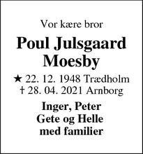 Dødsannoncen for Poul Julsgaard Moesby  - Arnborg / Brande 