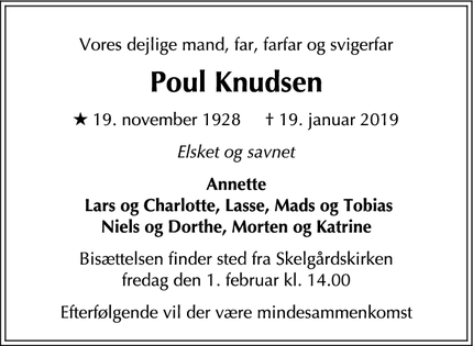 Dødsannoncen for Poul Knudsen - Tårnby