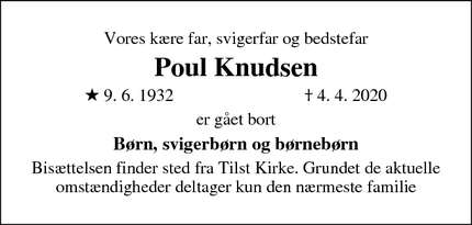 Dødsannoncen for Poul Knudsen - Tilst