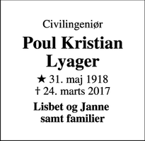 Dødsannoncen for Poul Kristian Lyager - Bagsværd