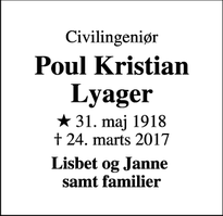 Dødsannoncen for Poul Kristian Lyager - Bagsværd