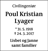 Dødsannoncen for Poul Kristian Lyager - Bagsværd