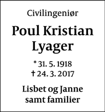 Dødsannoncen for Poul Kristian Lyager - Bagsværd
