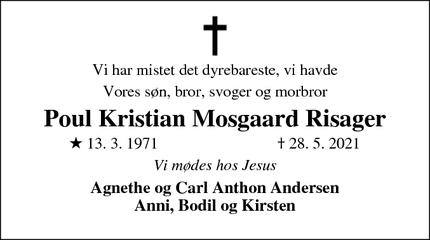 Dødsannoncen for Poul Kristian Mosgaard Risager - Gjellerup, Herning