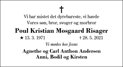 Dødsannoncen for Poul Kristian Mosgaard Risager - Gjellerup, Herning