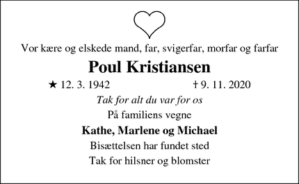 Dødsannoncen for Poul Kristiansen - Hillerød