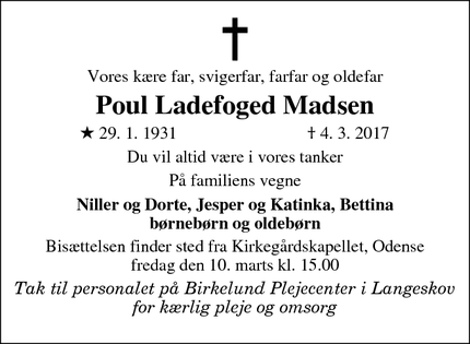 Dødsannoncen for Poul Ladefoged Madsen - Odense