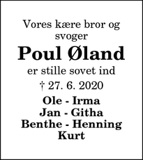 Dødsannoncen for Poul Øland - Thyholm