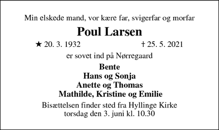 Dødsannoncen for Poul Larsen - Lemvig