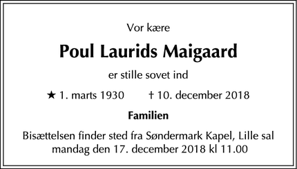 Dødsannoncen for Poul Laurids Maigaard - Frederiksberg