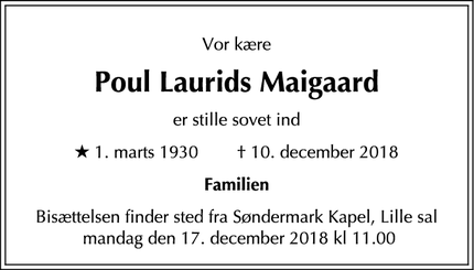 Dødsannoncen for Poul Laurids Maigaard - Frederiksberg