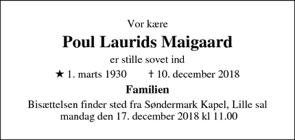 Dødsannoncen for Poul Laurids Maigaard - Frederiksberg