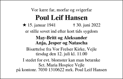 Dødsannoncen for Poul Leif Hansen - Vejle