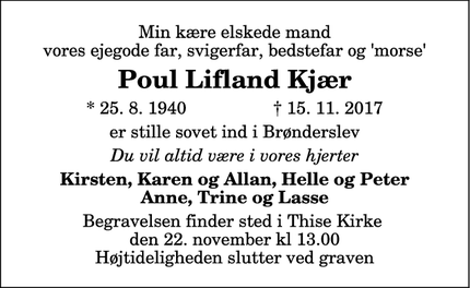 Dødsannoncen for Poul Lifland Kjær - Brønderslev