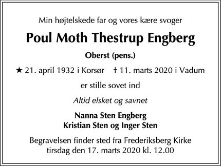Dødsannoncen for Poul Moth Thestrup Engberg - Vadum/ Frederiksberg