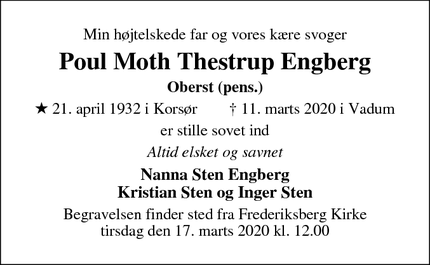 Dødsannoncen for Poul Moth Thestrup Engberg - Vadum/ Frederiksberg