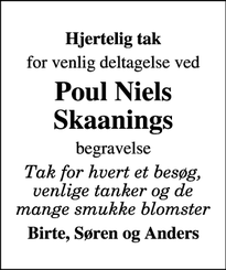 Dødsannoncen for Poul Niels Skaanings - 4920