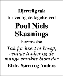 Dødsannoncen for Poul Niels Skaanings - 4920