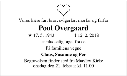 Dødsannoncen for Poul Overgaard - Marslev