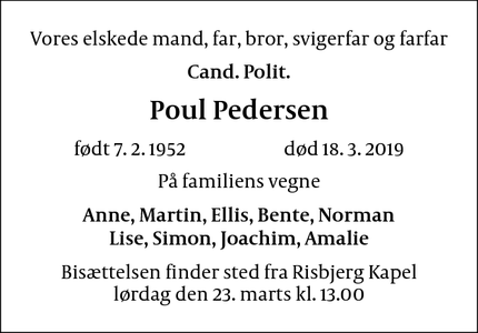 Dødsannoncen for Poul Pedersen - Hvidovre