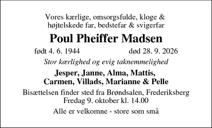 Dødsannoncen for Poul Pheiffer Madsen - Vanløse