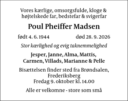 Dødsannoncen for Poul Pheiffer Madsen - Vanløse