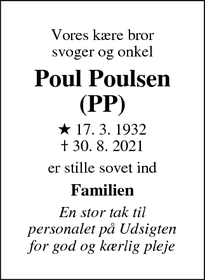 Dødsannoncen for Poul Poulsen (PP)  - ingen