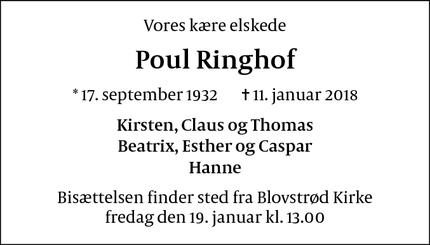 Dødsannoncen for Poul Ringhof - Blovstrød