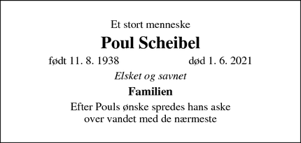 Dødsannoncen for Poul Scheibel - Frederikssund