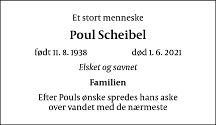 Dødsannoncen for Poul Scheibel - Frederikssund