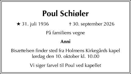 Dødsannoncen for Poul Schi&oslash;ler - København 