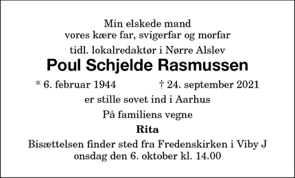 Dødsannoncen for Poul Schjelde Rasmussen - Nørre Alslev