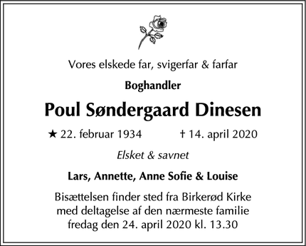 Dødsannoncen for Poul Søndergaard Dinesen - Birkerød
