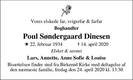 Dødsannoncen for Poul Søndergaard Dinesen - Birkerød